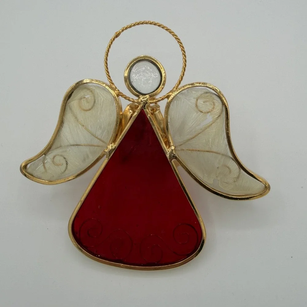 Vintage Red Angel Gold Tone Stained Glass Sun Catcher Winged Holiday‎ Decor